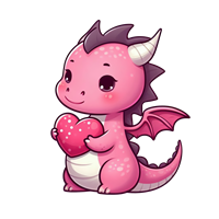 En lille, nuttet pink drage holder et hjerte, med glade træk og farverige vinger.