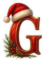 Et dekorativt bogstav G iført en rød nissehue og omkranset af julegrønt.