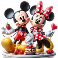 Mickey og Minnie Mouse fejrer en fødselsdag med kage og jordbær.