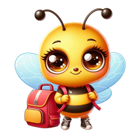 En farverig og sød bi med store øjne, der bærer en rygsæk og har vinger.