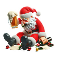 En humoristisk skildring af Julemanden, der sidder beruset med øl og flasker omkring sig.
