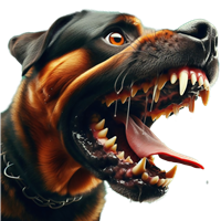 Et nærbillede af en Rottweiler med åben kæbe og synlige tænder.