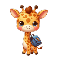 En farverig og venlig giraf med en lille rygsæk, der smiler til beskueren.