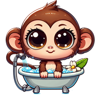 En charmerende, tegneserieagtig abe med store øjne sidder i et badekar fyldt med vand og blomster.