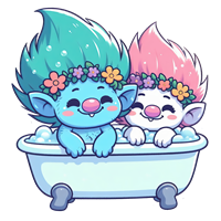 To farverige trolde med blomsterkranse sidder i et badekar fyldt med bobler.