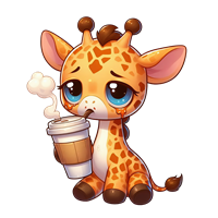 En nuttet giraf med store øjne holder en kaffekop og ser trist ud.