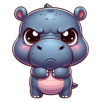 En nuttet flodhest med store øjne og en sur mine, der står med armene over kors.