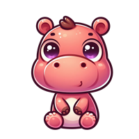 En farverig, tegneserieagtig flodhest med en nuttet udtryk, der sidder ned.