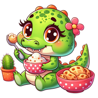 En farverig, tegneserieagtig dinosaur sidder og spiser is og småkager, omgivet af planter.