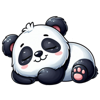 En sød, tegnet panda, der ligger og sover med lukkede øjne og et tilfreds udtryk.
