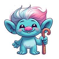 En sød, farverig trold med blå hud og lyserød-hvidt hår, der holder en stok.