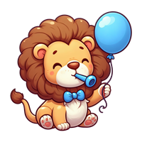 En sød, tegnet løve med en blå ballon og en festlig trompet, der ser glad ud.