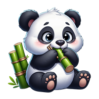 En tegneserieagtig panda sidder og spiller på en bambusfløjte, omgivet af bambusstænger.