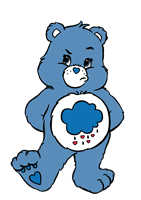 En blå bamse med en sky og dråber på maven, der ser lidt sur ud.