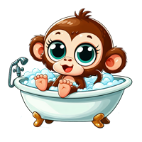 En sød, cartoonagtig abe sidder i et badekar fyldt med skum, med store, udtryksfulde øjne.