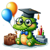 En farverig dinosaur iført studenterhue og briller, der holder balloner og sidder med en taske.