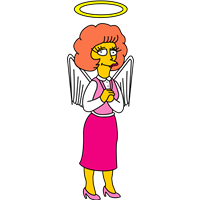 En tegneserieengel med lyserøde klæder og vinger, der beder.