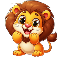 En tegneserieagtig lille løve med store øjne og en glad mine.