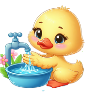 En farverig illustration af en lille and, der vasker hænder ved en vandhane.