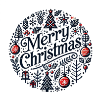 En festlig illustration med teksten Merry Christmas omgivet af juletræer og dekorationer.