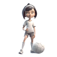En animeret pige iført fodboldtrøje og shorts, der står med en bold.