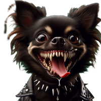 Et billede af en Chihuahua med et skræmmende udtryk, iført en læderjakke med pigge.