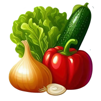 En farverig samling af grøntsager, herunder salat, agurk, løg og peberfrugt.