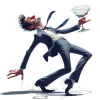 En karikatur af en mand i jakkesæt, der danser med et cocktailglas.