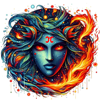 En farverig illustration af en kvindelig figur med vand- og ildelementer, der symboliserer dualitet.