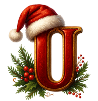 Et dekorativt bogstav U iført en julesanta hat, omkranset af gran og bær.