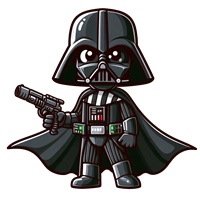 En sød, tegneserieagtig version af Darth Vader i sort dragt med en blaster.