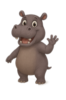 En glad flodhest med store øjne og et venligt smil, der vinker til beskueren.