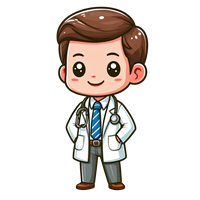 En tegnet figur af en læge med et stetoskop, iført hvid kittel og blå slips.
