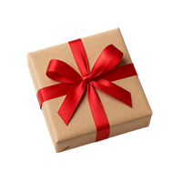 En kvadratisk gave indpakket i brunt papir med en rød satin-sløjfe på toppen.