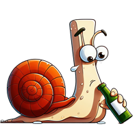 En farverig og sjov sneglekarakter holder en flaske, med et venligt ansigt.