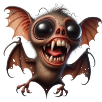 En farverig og karikeret flagermus med store øjne og et bredt smil, der ser både sød og skræmmende ud.