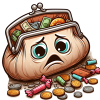 En tegnet pung med triste øjne, fyldt med penge, slik og mønter.