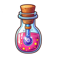 En farverig glasflaske med en magisk eliksir, fyldt med stjerner og en pipette.