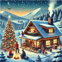 En malerisk hytte i sneen, pyntet med julelys, omgivet af et vinterlandskab.