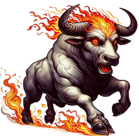En kraftfuld tyr med flammer, der udstråler energi og styrke.