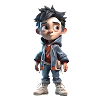 En animeret dreng står med et eftertænksomt udtryk, iført en jakke og sneakers.