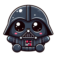 En sød og farverig fortolkning af Darth Vader med store øjne og en rund krop.