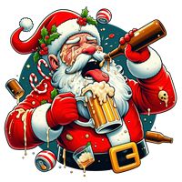 En festlig illustration af julemanden, der drikker øl og nyder julen med slik og dekorationer.