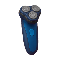 En elektrisk barbermaskine i blå farve med tre cirkulære skær til en tæt barbering.