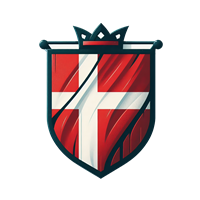 Et stiliseret skjold med rød baggrund, hvidt kors og en krone øverst.