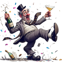 En glad klovn i smoking, der danser med champagne og en cocktail, omgivet af konfetti.
