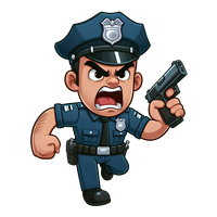 En tegneserieagtig politibetjent, der løber med en pistol og ser vred ud.