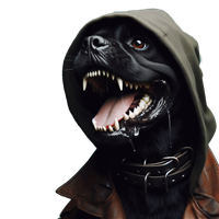 Et billede af en hund med en hoodie og et truende udtryk, der viser tænder.