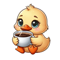 En sød, cartoon-agtig ælling, der holder en kop kaffe med store, udtryksfulde øjne.