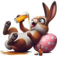 En tegnet kanin, der afslappet drikker øl og ligger ved et farverigt påskeæg.